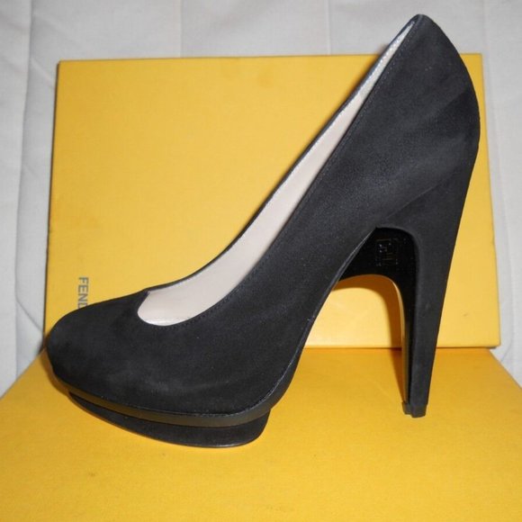 FENDI Black Suede Platform Cutout FF Logo Bridge Heel Heart Pumps Shoes - Picture 1 of 12